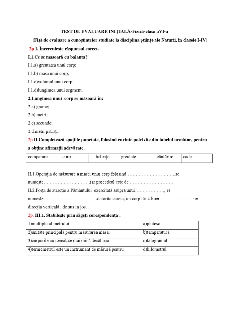 Test de Evaluare Initiala Clasa A VI-A | PDF
