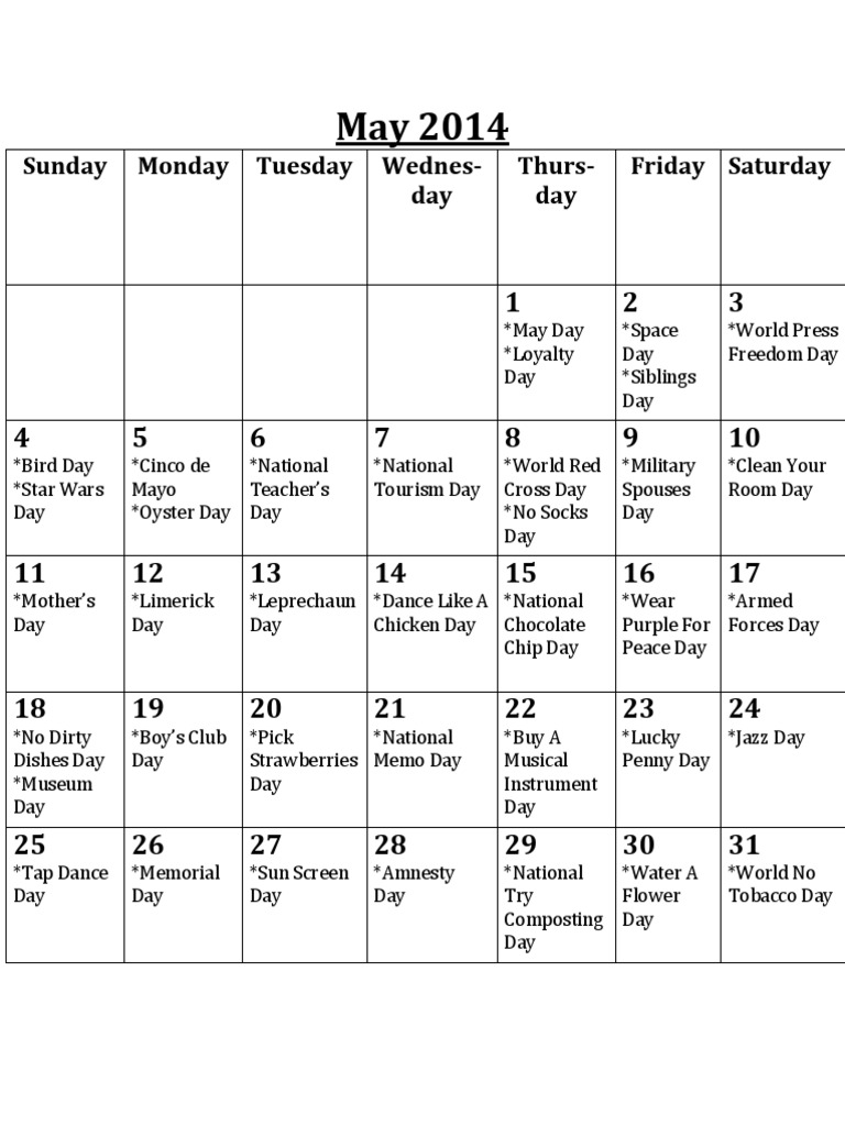 May 2014 Daily Celebrations Calendar | PDF | Social Science | Travel