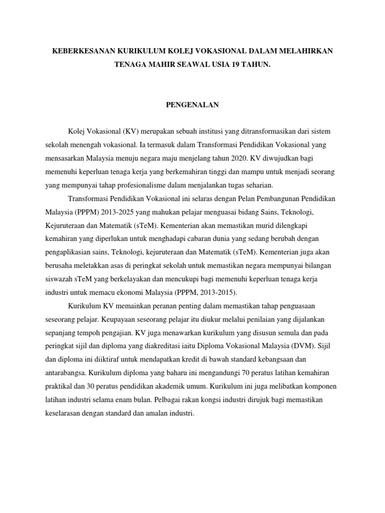 Keberkesanan Kurikulum Kolej Vokasional Dalam Melahirkan 