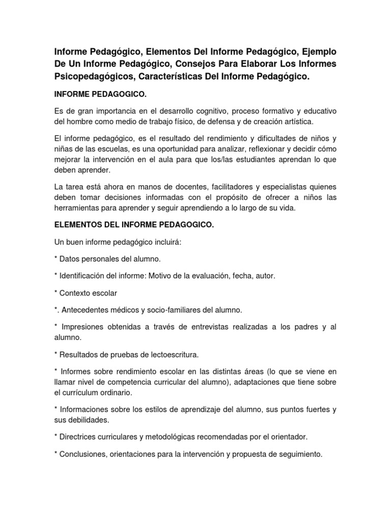 Informe Pedagógico y Sus Elementos | PDF | Maestros | Toma de decisiones
