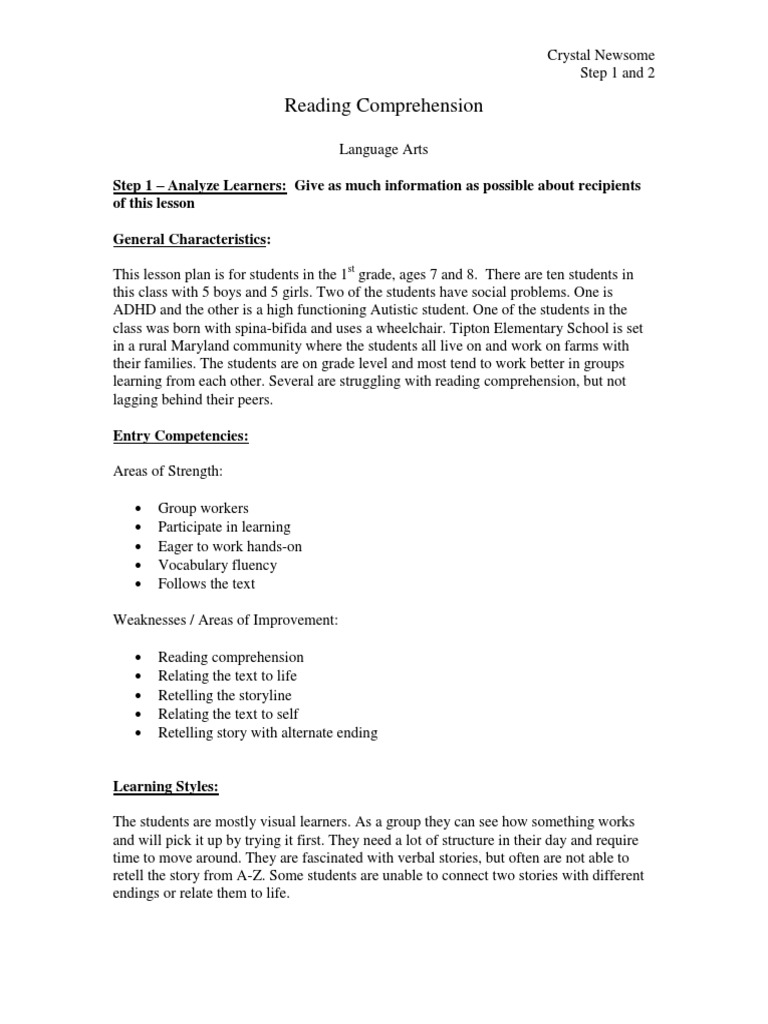 1st Grade Reading Comprehension Plan | PDF | Career & Growth