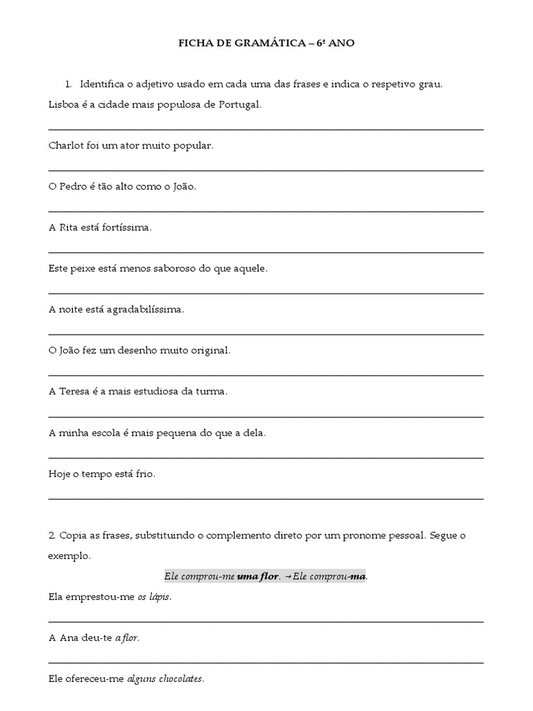Ficha de Gramática 6º Ano | PDF | Pronome | Mecânica da Linguagem