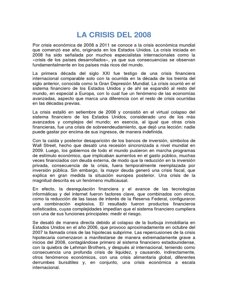 Crisis De 2008 Resumen _ La Crisis de 2008: Causas y Consecuencias en ...