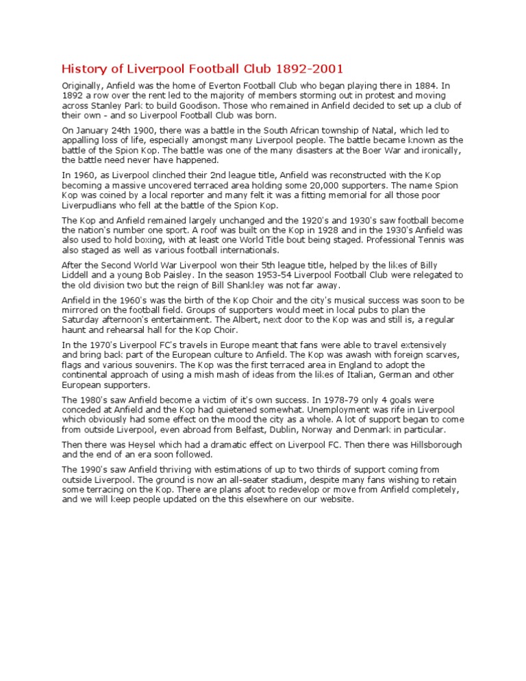 History of Liverpool Football Club 1892 PDF Liverpool F.C. Sports