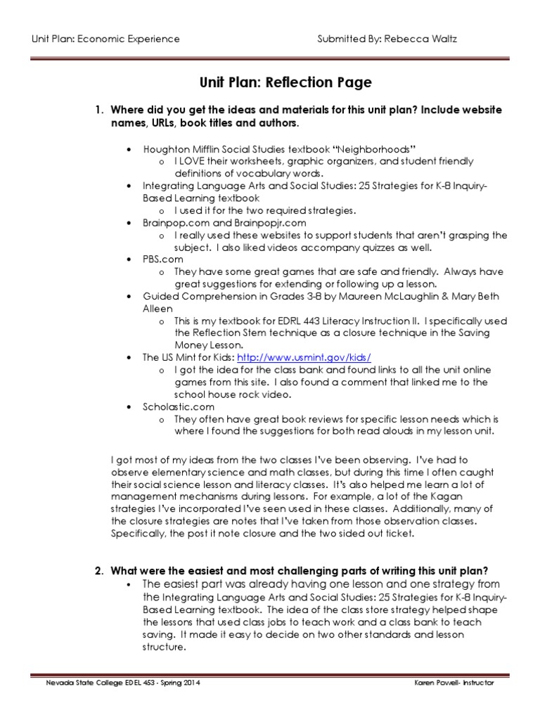 Economic Unit Plan Reflection Guide | PDF | Textbook | Reading ...