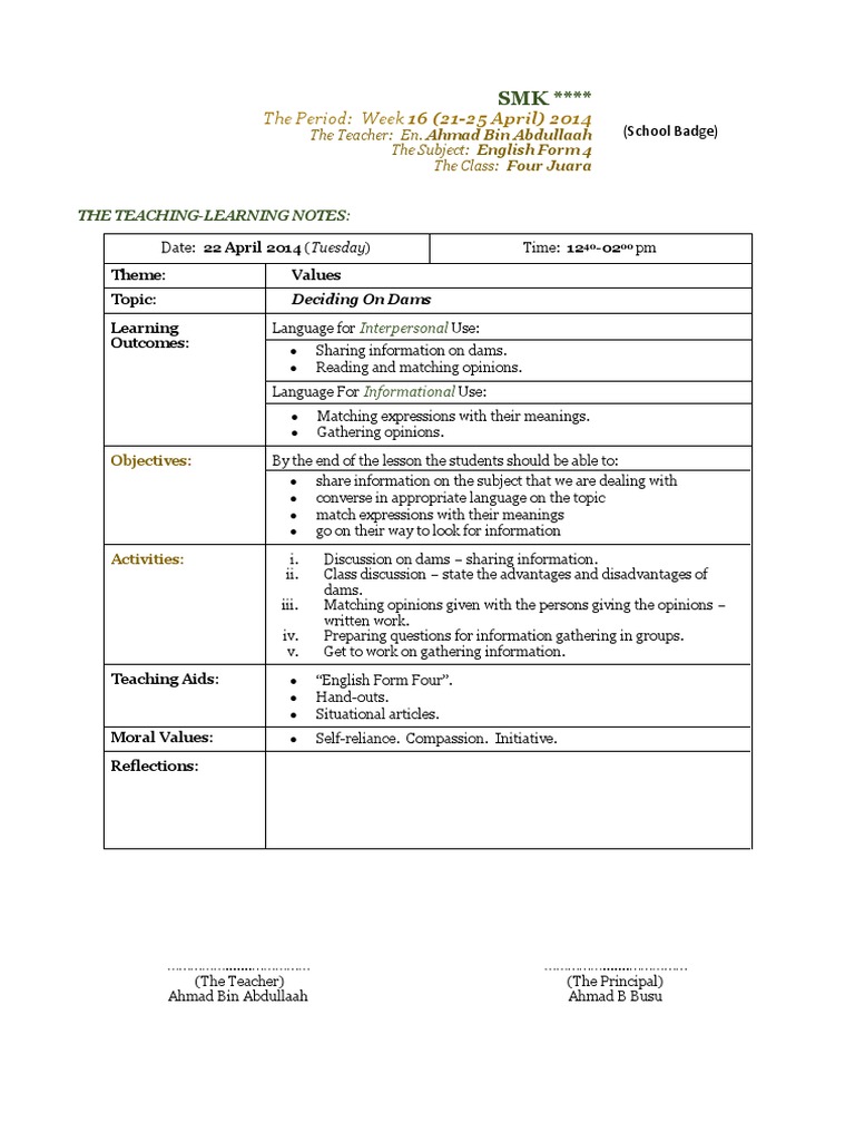 Sample of Form 4 English Daily Lesson Notes (for 2125 Apr 2014