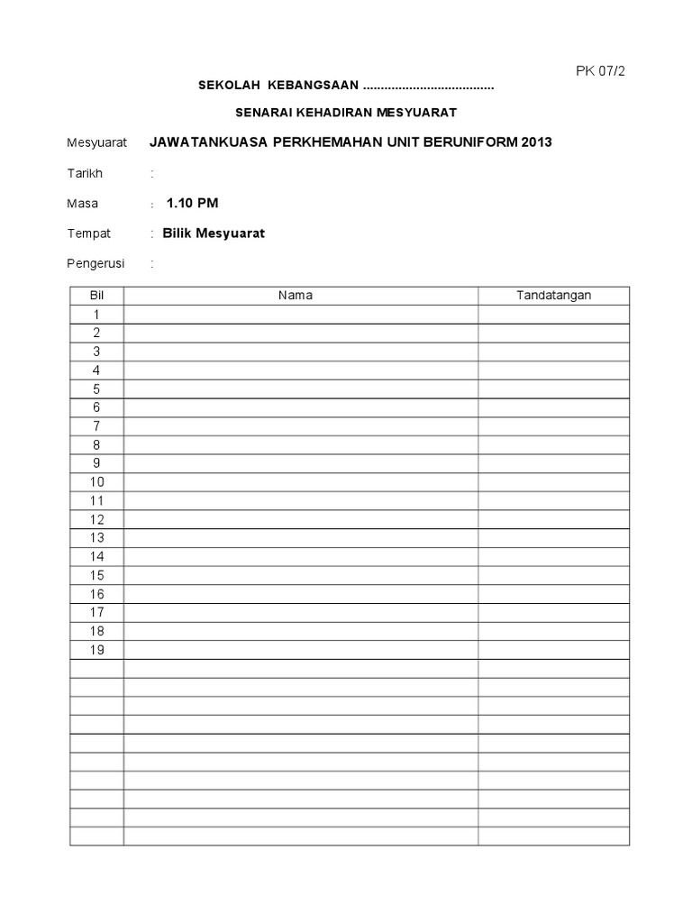 Borang Pk 07 2 Senarai Kehadiran Mesyuarat Pdf