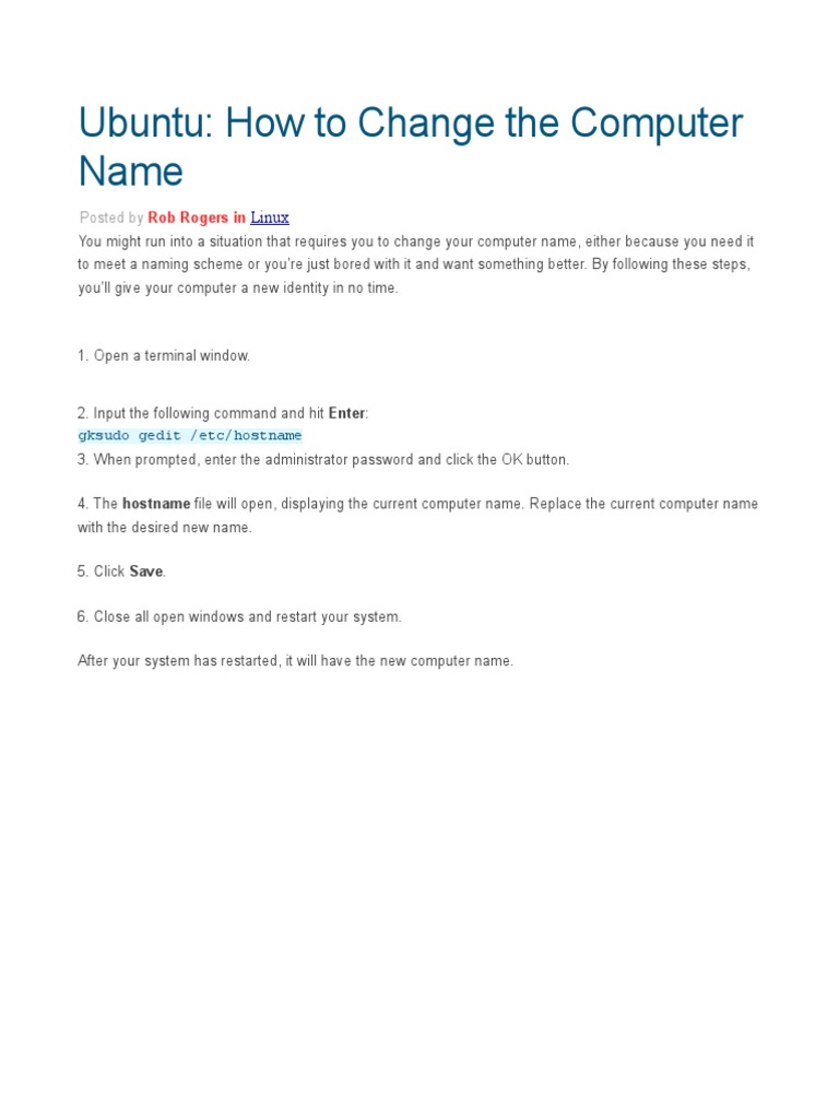 Change Computer Name Ubuntu | PDF