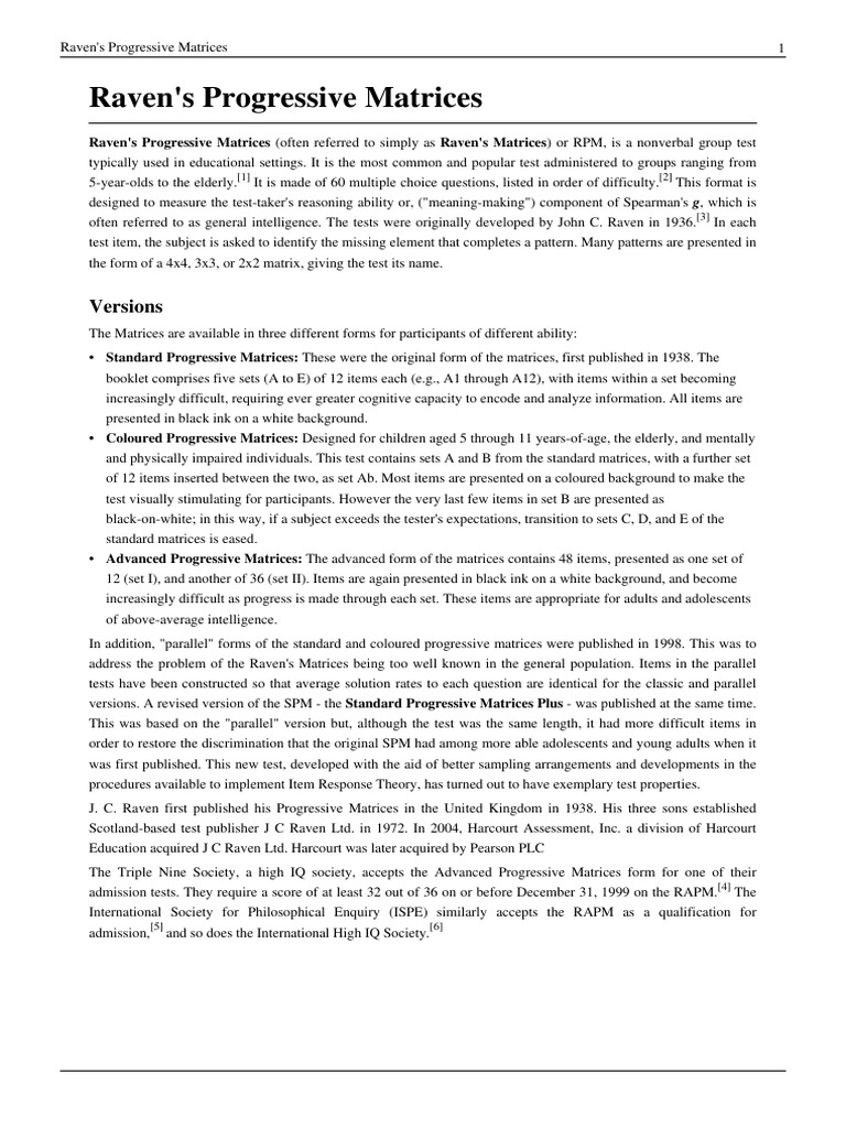 Raven's Progressive Matrices Overview | PDF | Neuropsychology ...