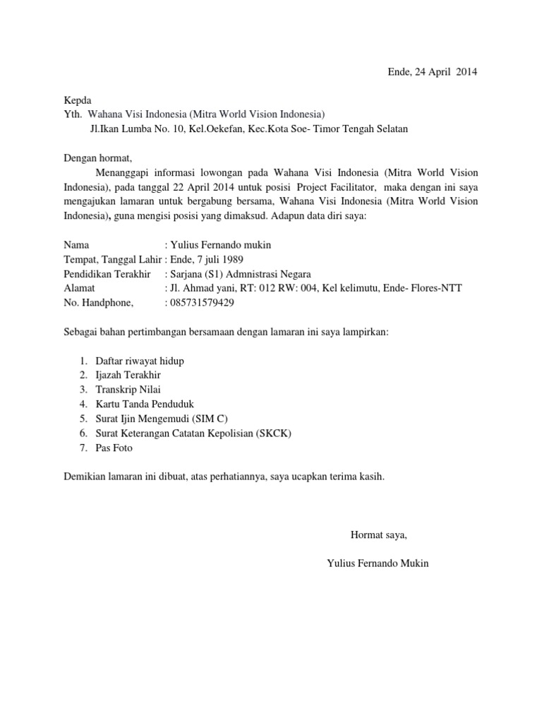 Lamaran Kerja Pada Wahana Visi Indonesia