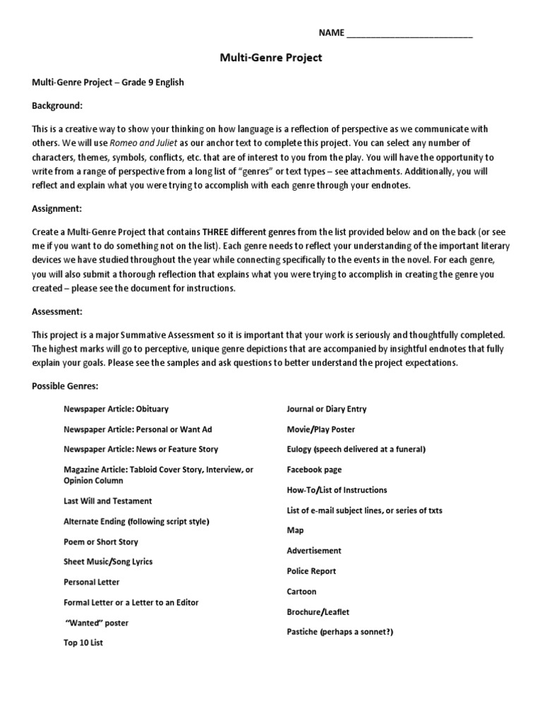 Grade 9 Multi-Genre Project Guide | PDF | Genre | Thought