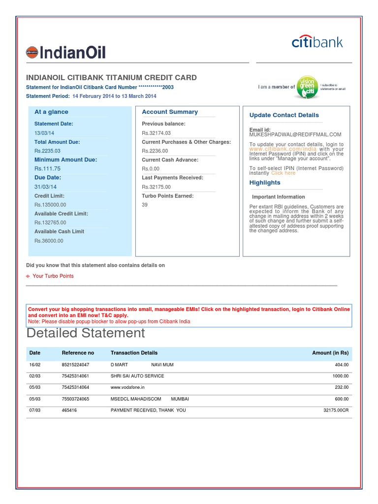Detailed Statement: Indianoil Citibank Titanium Credit Card | Download ...