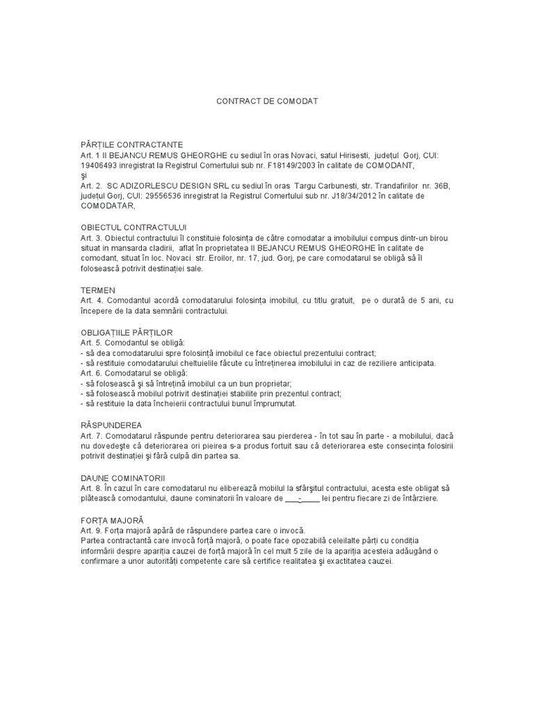 Contract de Comodat | PDF