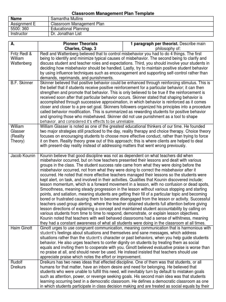 Classroom Management Plan Overview | PDF | Classroom Management | Teachers