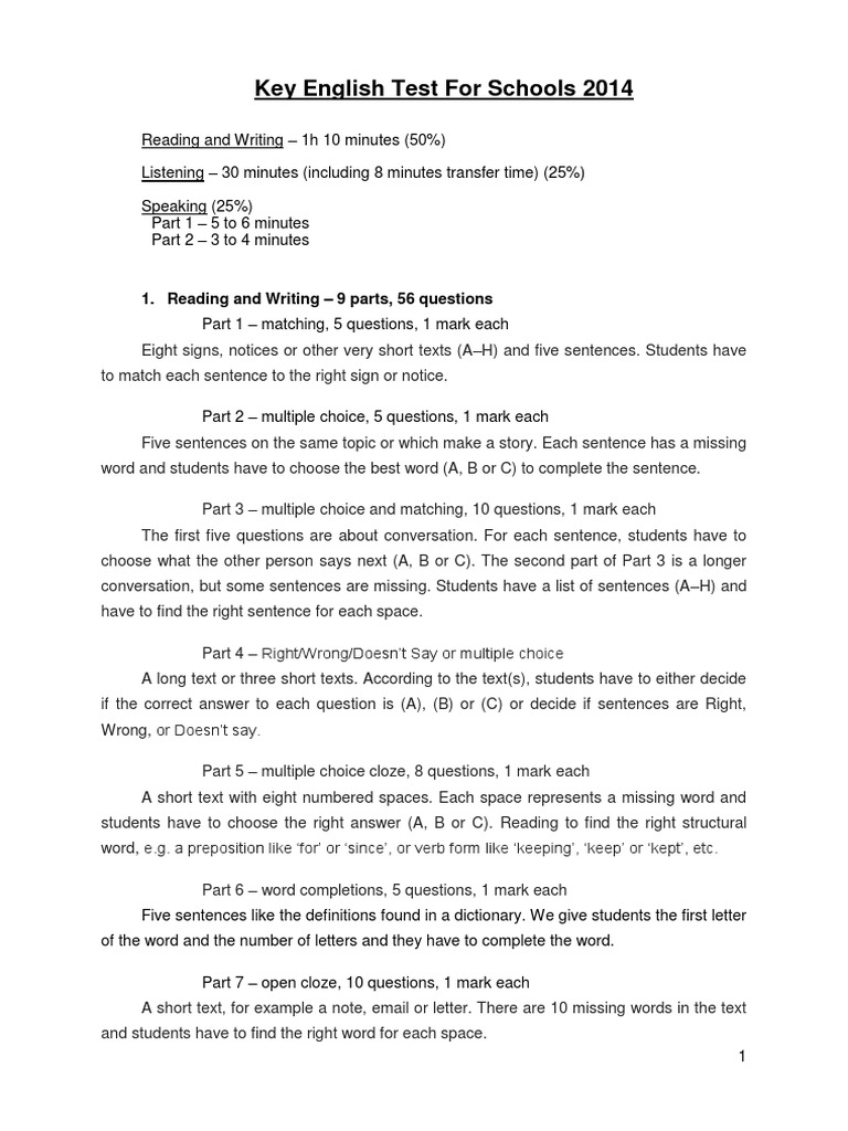 Key English Test Overview for Schools | PDF | Multiple Choice | Linguistics