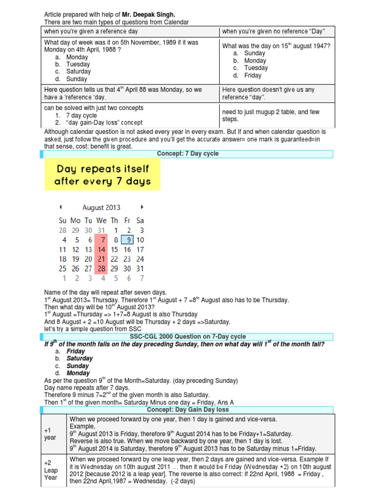 Reasoning Calendar Questions Finding Day or Date, Concepts, Shortcuts