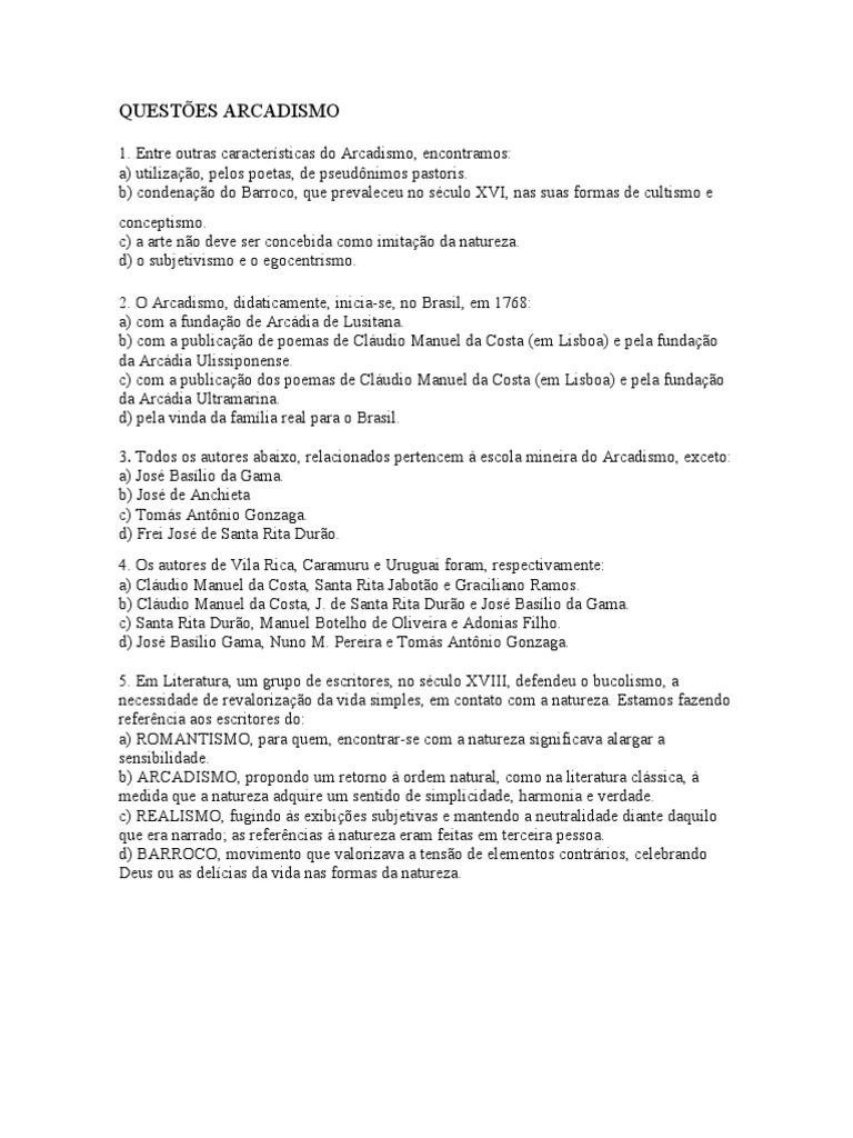Questões sobre o Arcadismo Brasileiro | PDF | Poesia | Romantismo
