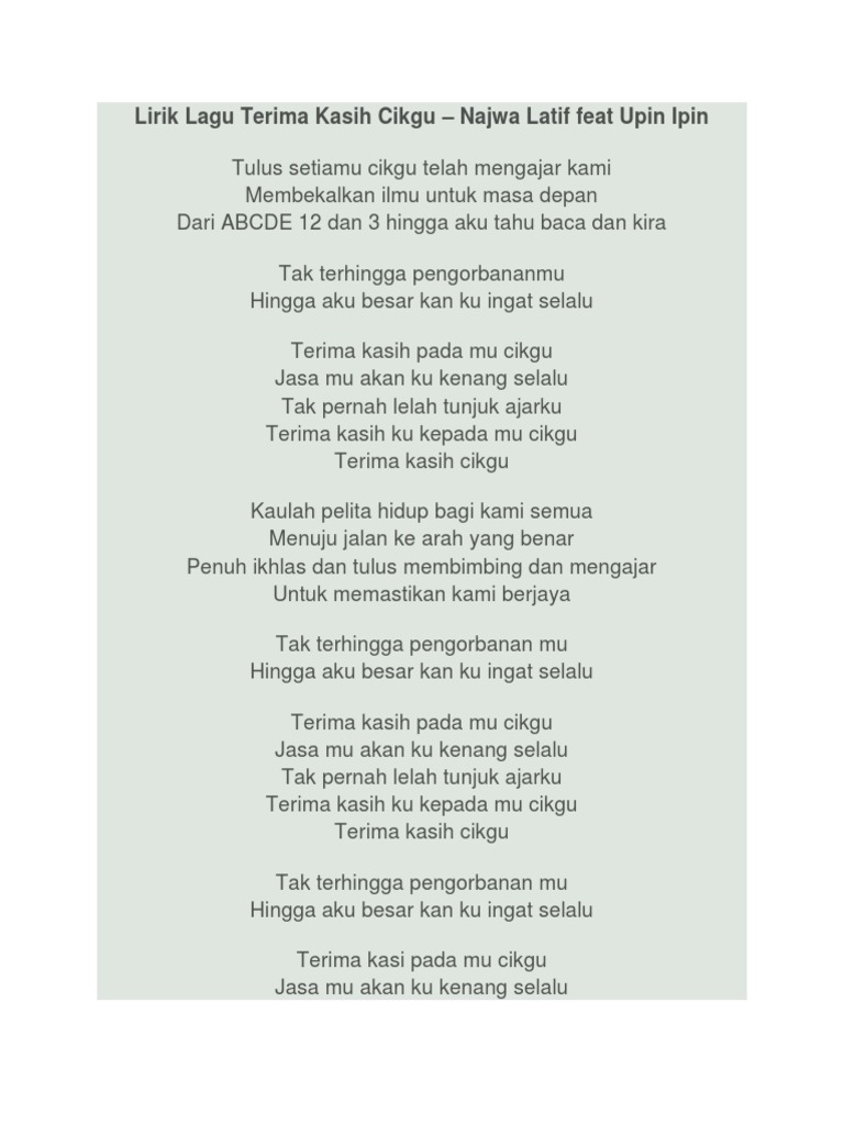 Lirik Lagu Terima Kasih Cikgu Pdf