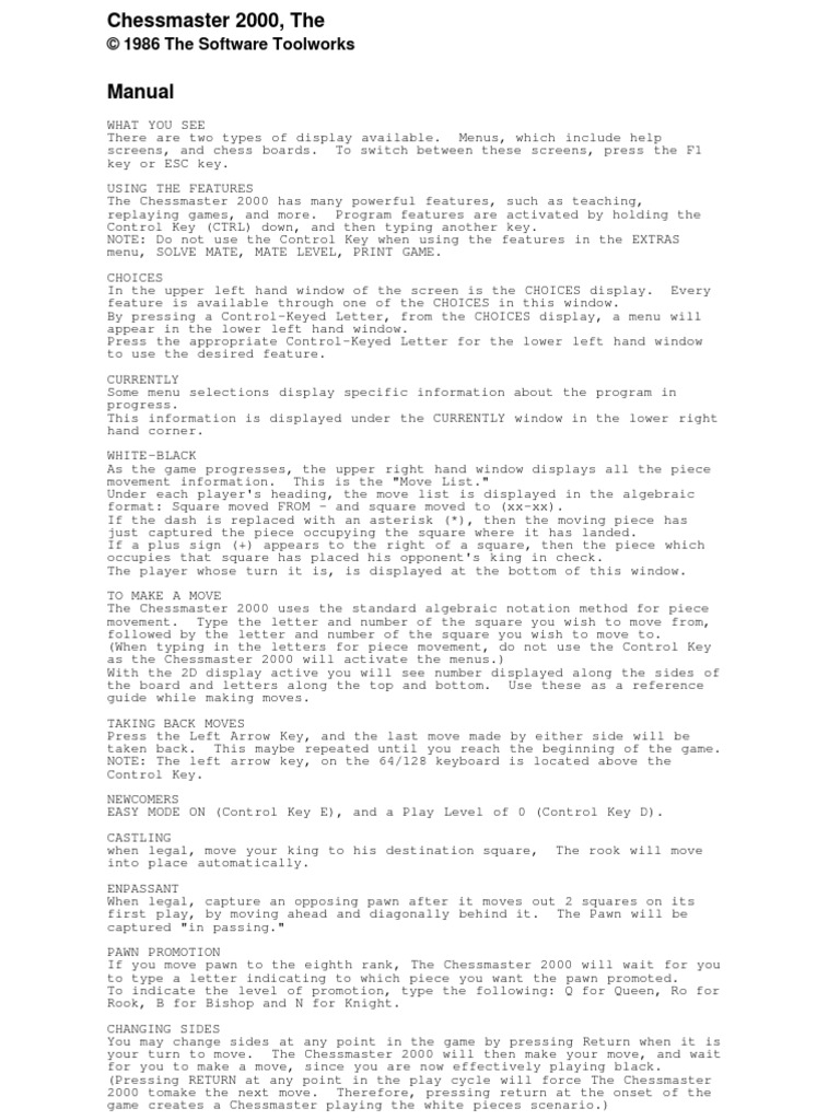 AMIGA - Chessmaster 2000, The Manual | PDF | Menu (Computing) | Chess