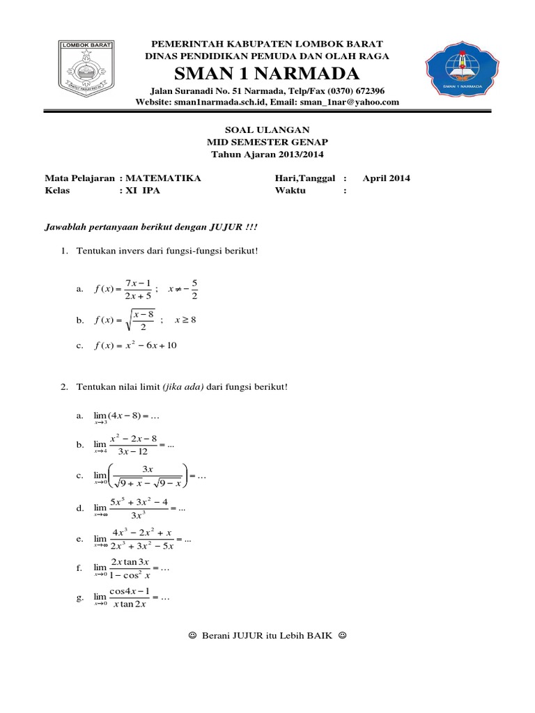 SOAL MID Semester 2 TP 2013-2014 Matematika Kelas XI IPA | PDF