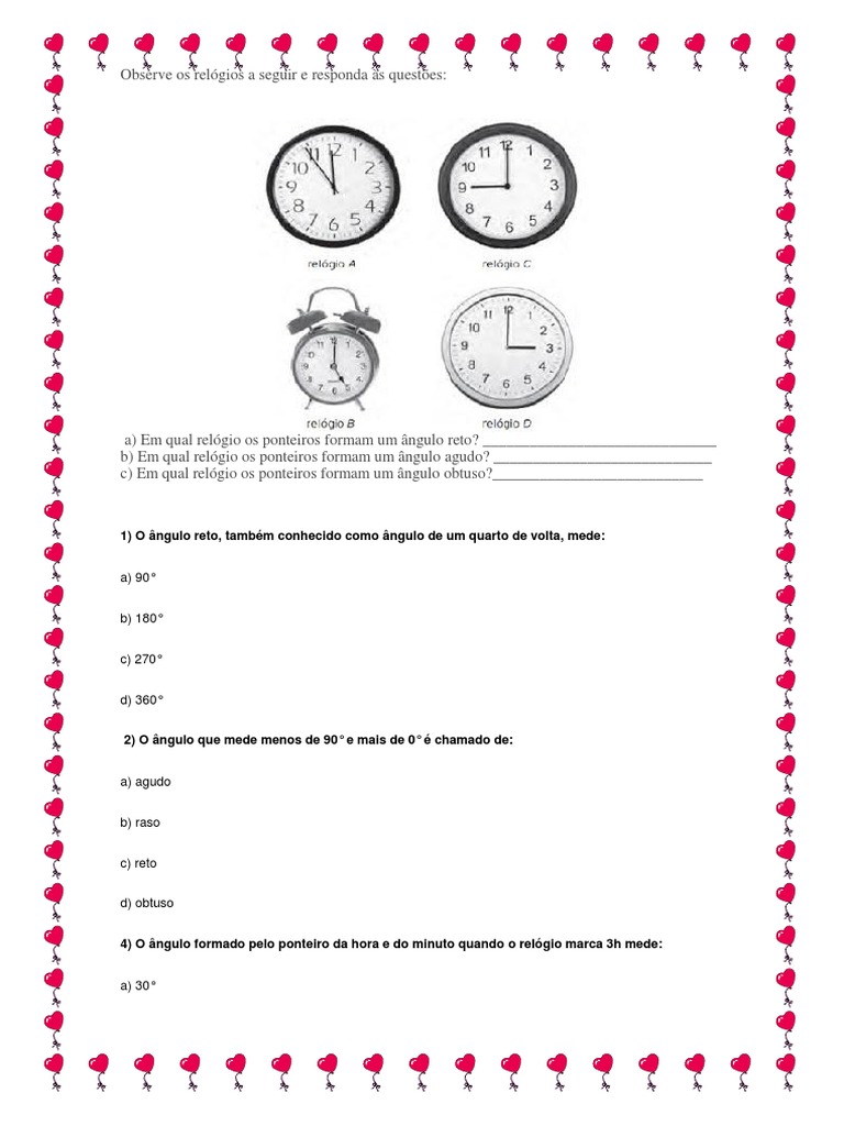 Atividade sobre Ângulos - 6º ano - 7º ano