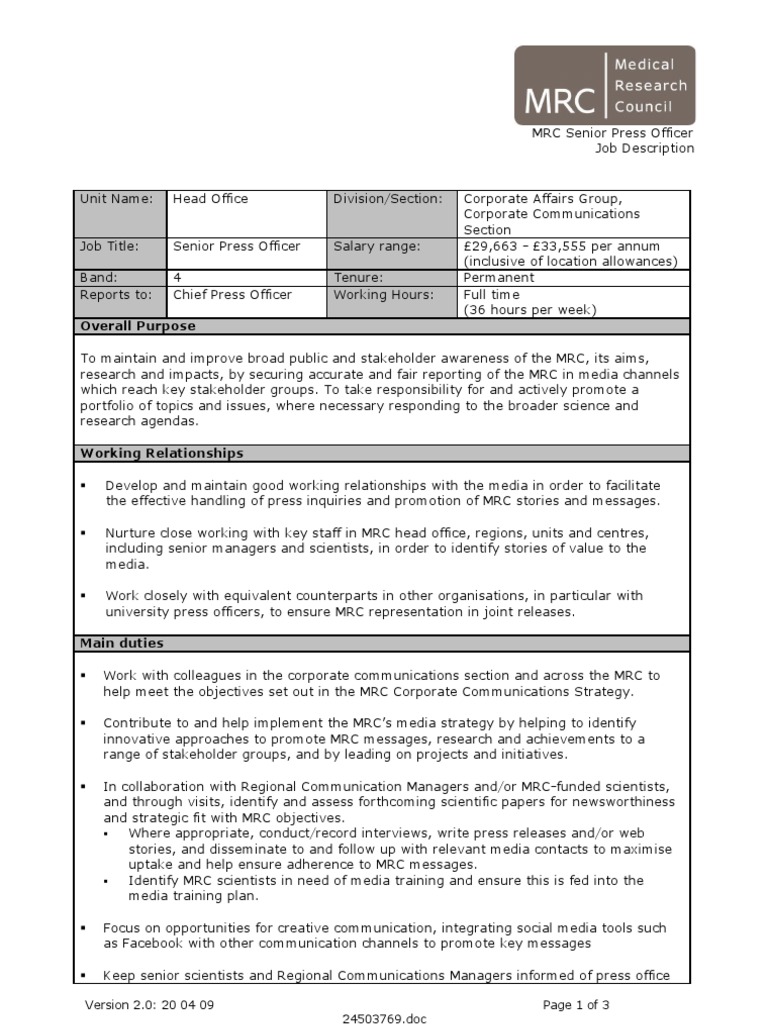 MRC Senior Press Officer Job Description Human Resources Employment
