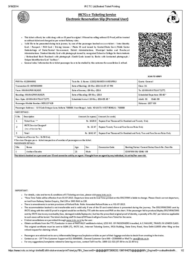 IRCTC LTD, Booked Ticket Printing | PDF | Identity Document | Ticket ...