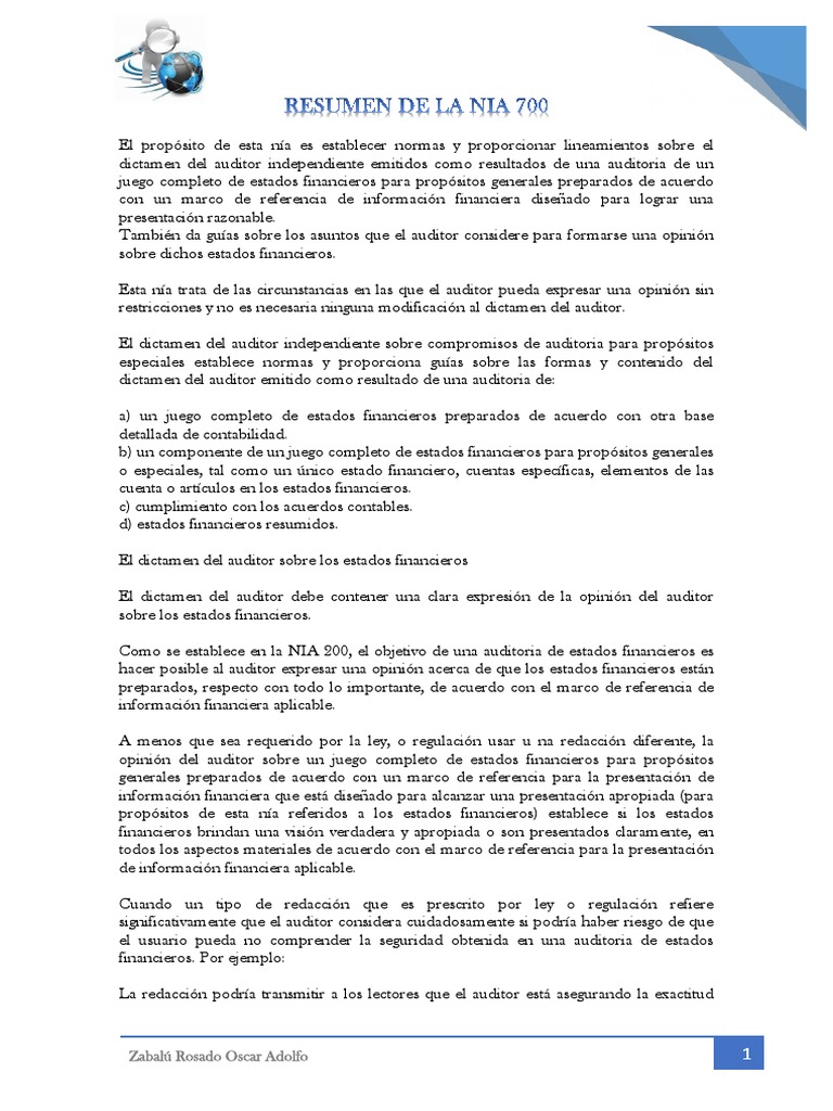 Resumen de la NIA 700 y 701 | PDF | Contralor | Estado financiero