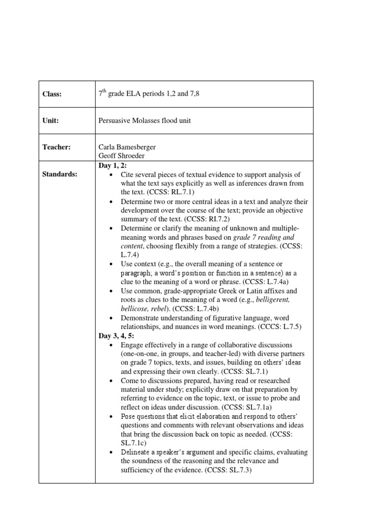 Boston Molasses Flood Lesson Plan PDF Argument Understanding