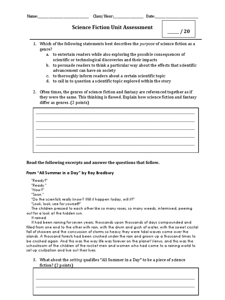 Science Fiction Unit Assessment PDF Divergent (Novel) Science