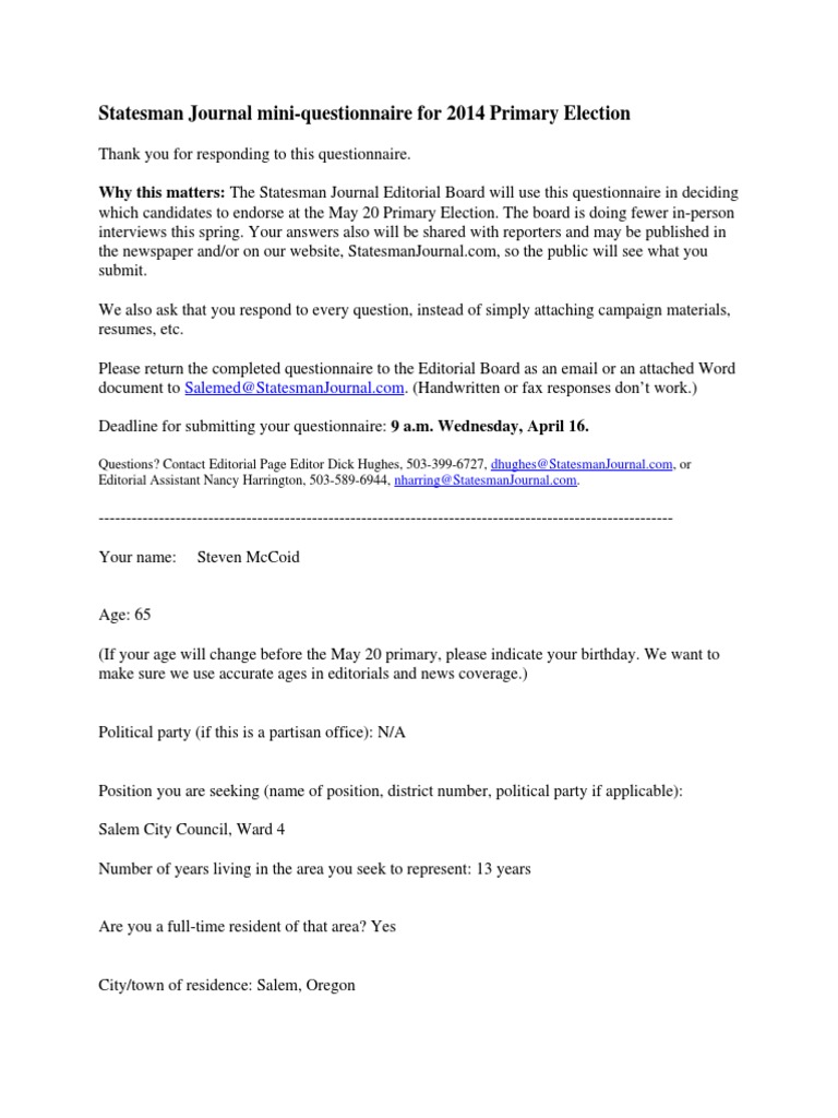 Salem City Council Candidate Questionnaire | PDF