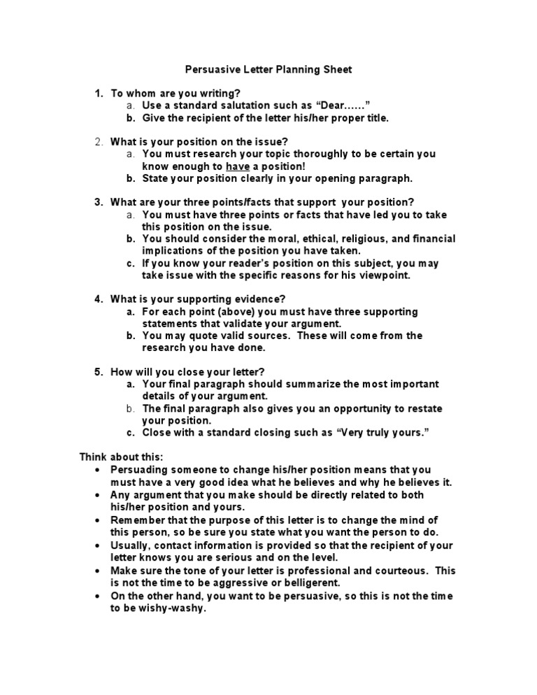 Persuasive Letter Planning Sheet