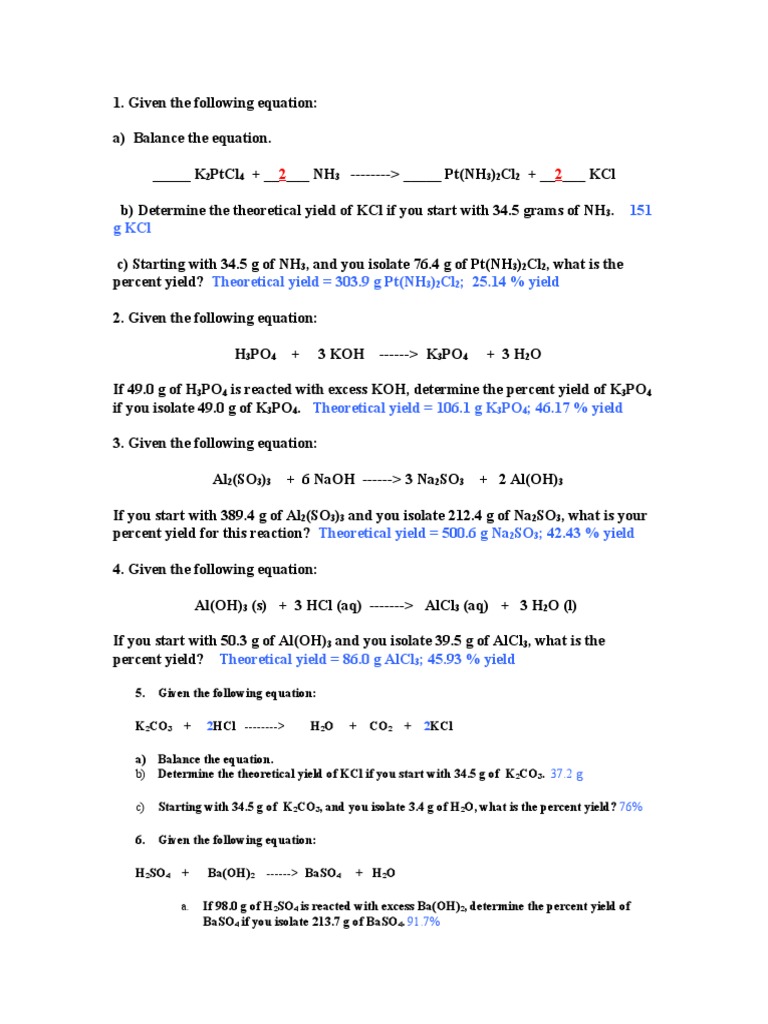 worksheet Percent Yield Worksheet Answers worksheet percent yield answers with theoretical and answers