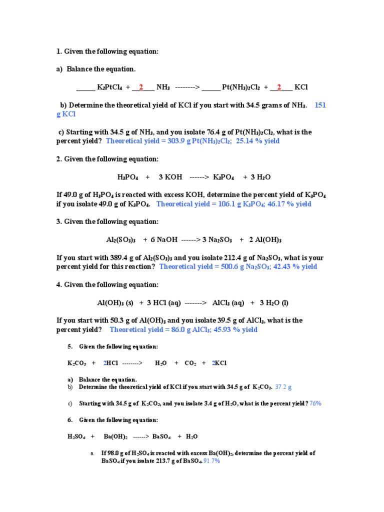Percentage Yield Worksheet With Answers Pdf