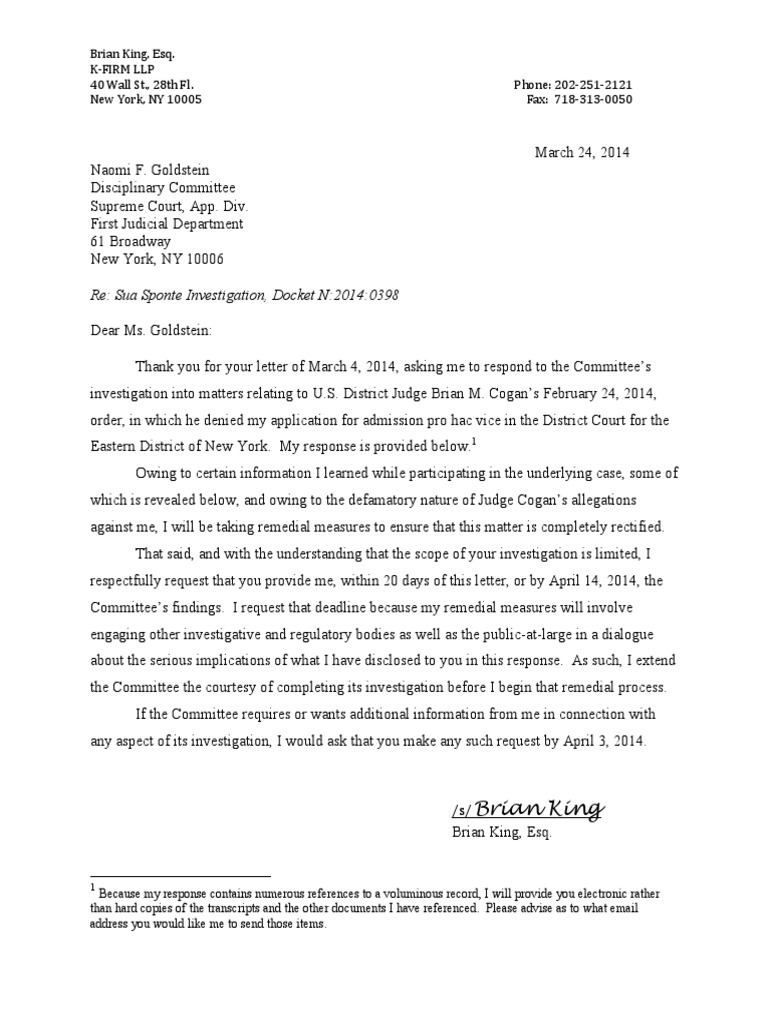 Brian King's Response To Allegations Made by U.S. District Judge Brian ...