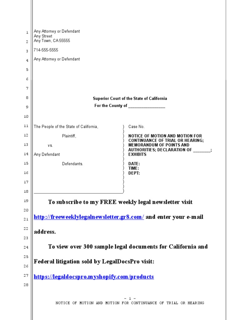 Sample motion to continue trial or hearing in California criminal case