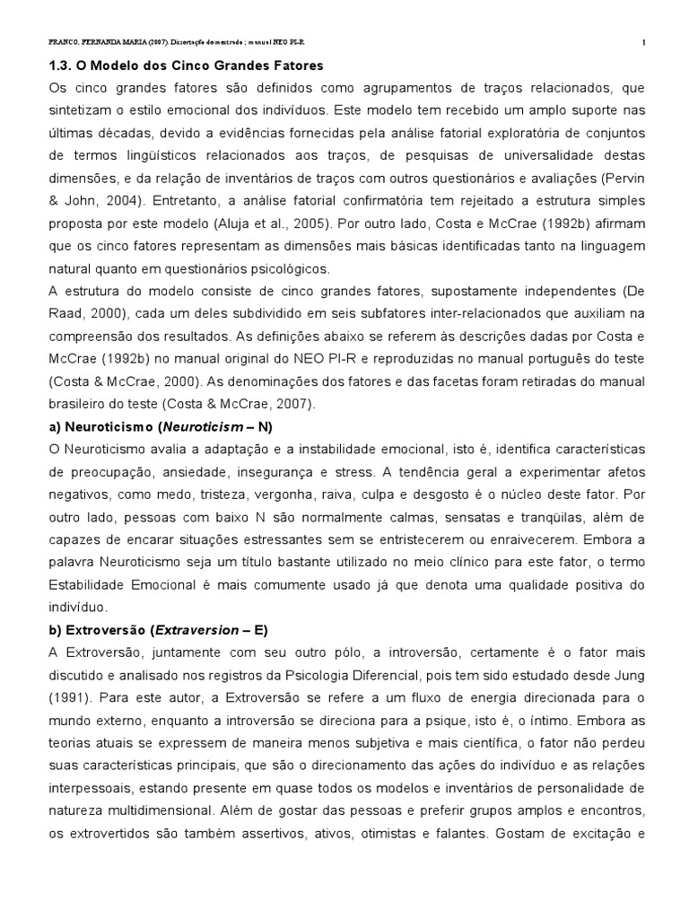 Neo Pi R Cinco Grandes Fatores Pdf Emocoes Motivacao