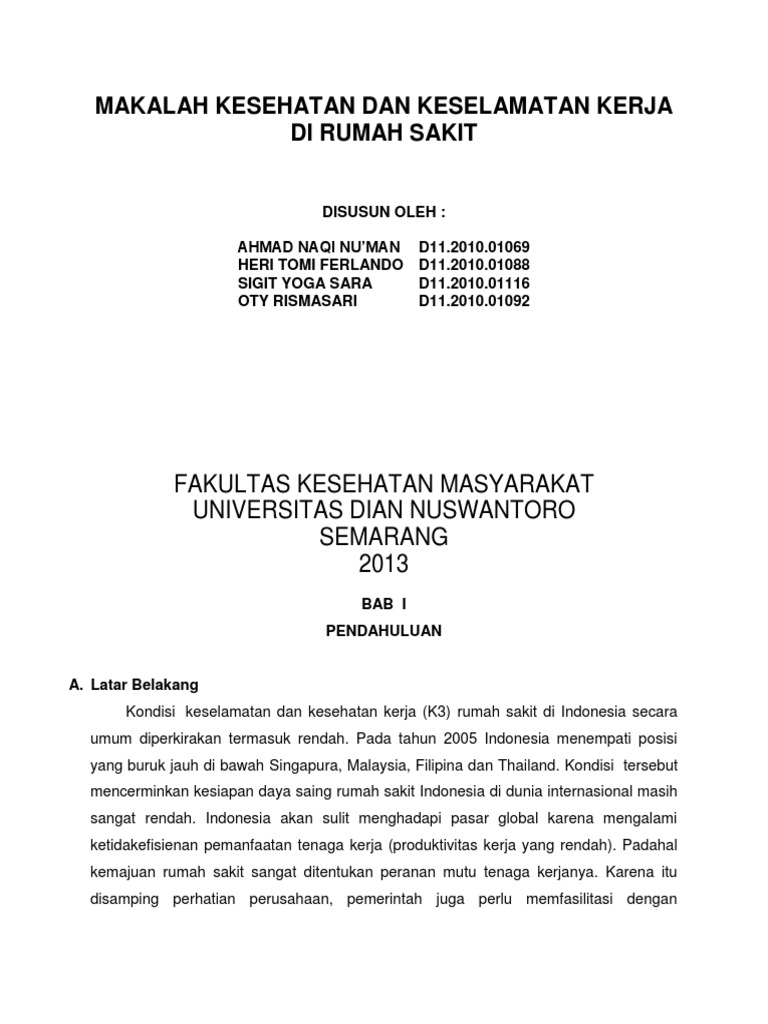 Makalah Kesehatan Dan Keselamatan Kerja Di Rumah Sakit