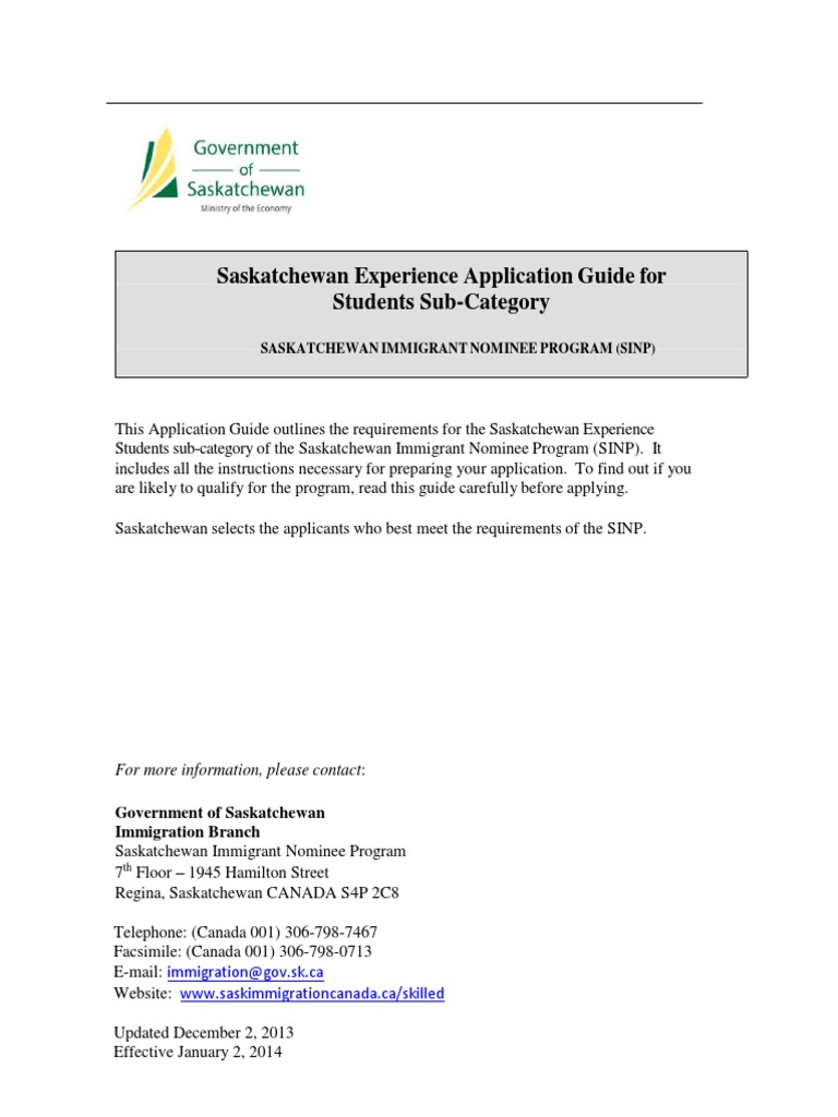 Saskatchewan Experience Application Guide for Students SubCategory