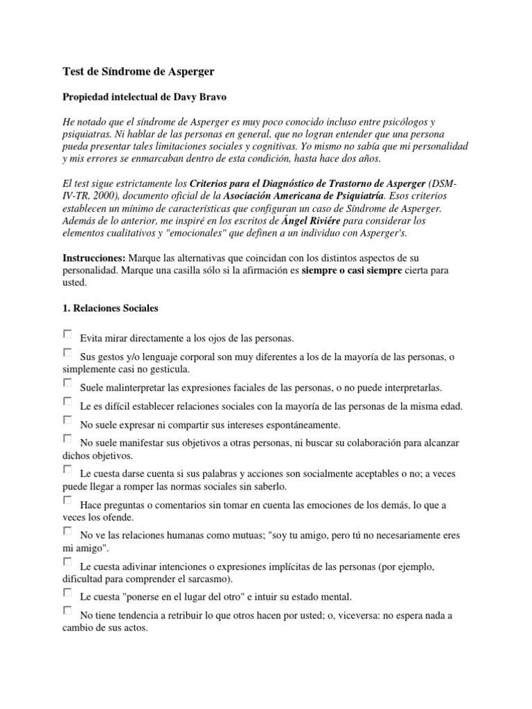 Test de Asperger para Adultos PDF | PDF | Síndrome de Asperger | Las ...