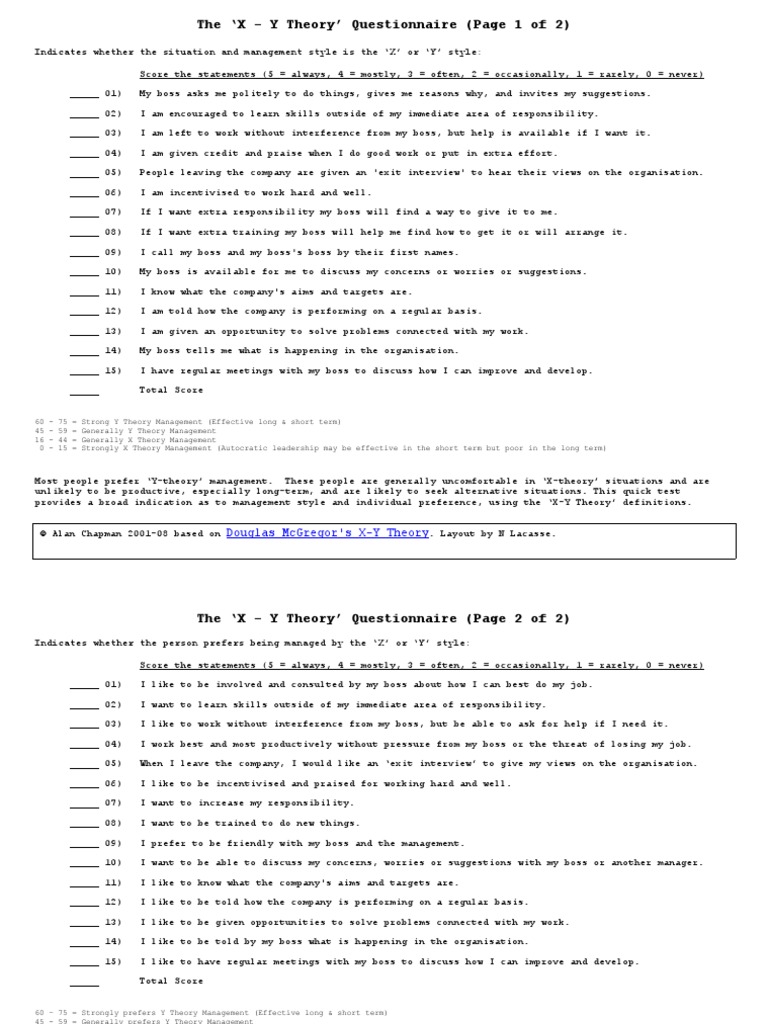 X-Y Theory Management Questionnaire | PDF | Psychology | Psychological ...