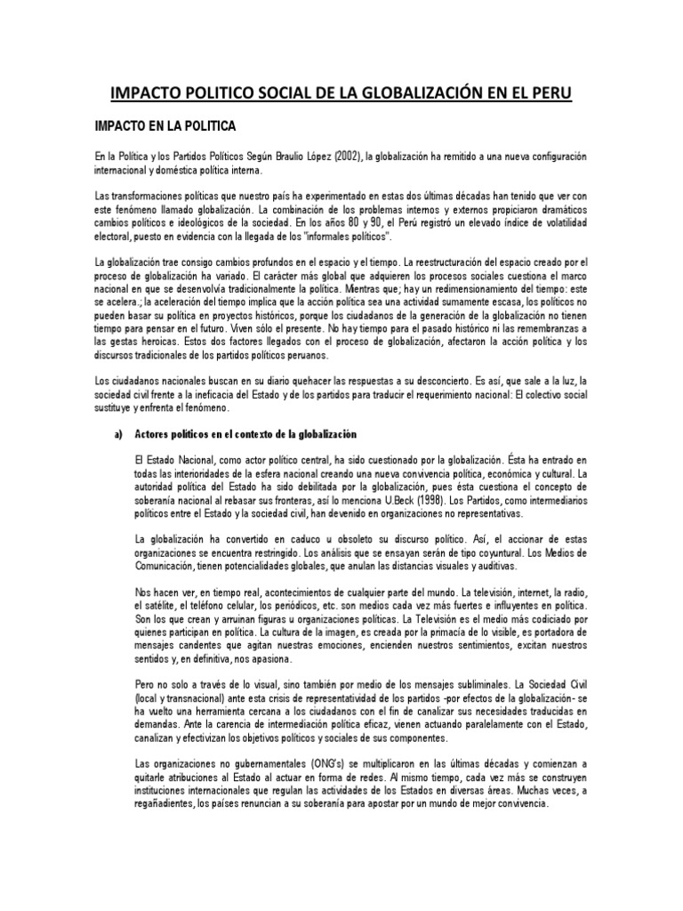 Impacto Político y Social de la Globalización | PDF | Globalización | Perú