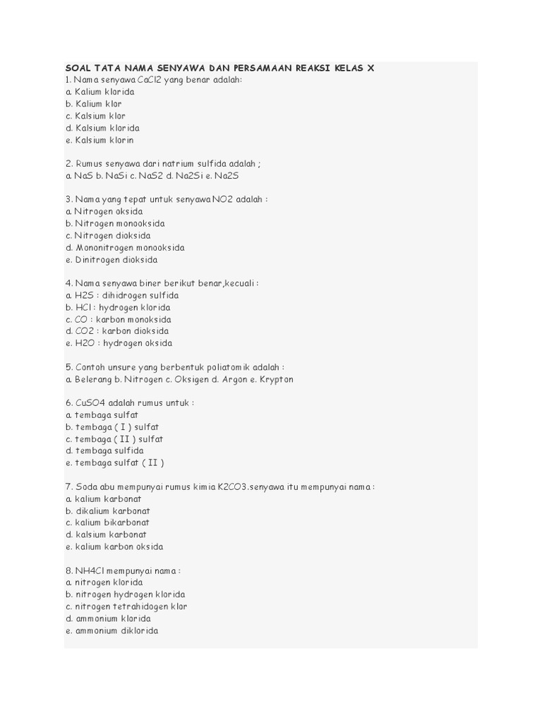 Soal Tata Nama Senyawa Dan Persamaan Reaksi Kelas X