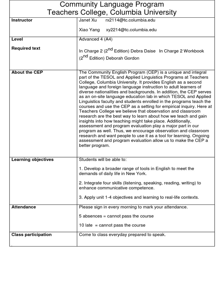 a4 syllabus English As A Second Or Foreign Language Educational