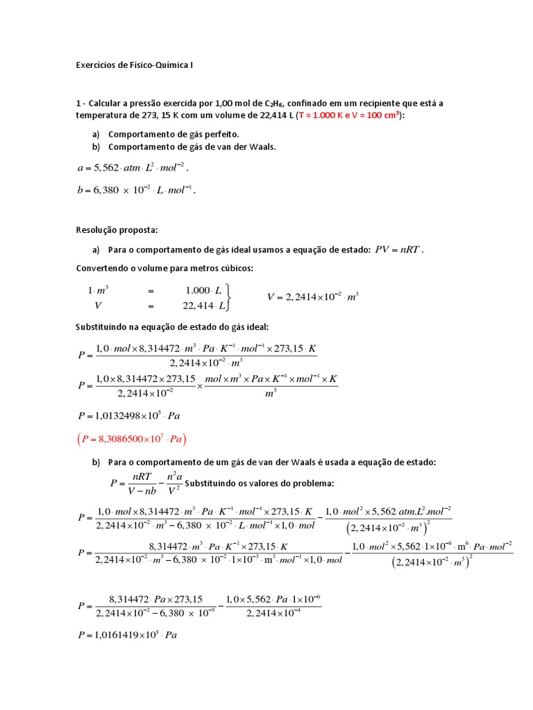 Exercícios de Físico-Química | PDF | Equações | Gases