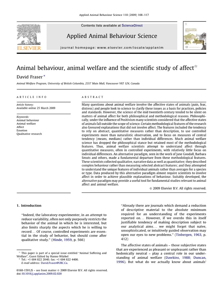 Animal Behaviour Animal Welfare and Scientific Study of Affect 2009 ...