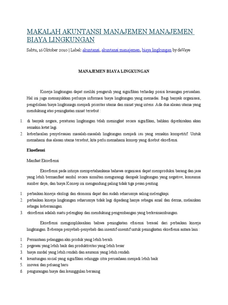 Kasus Akuntansi Manajemen Manajemen Biaya Lingkungan