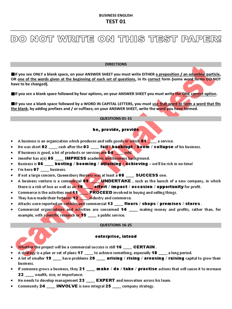 Business English Test 01 Guide | PDF | Expert | English Language