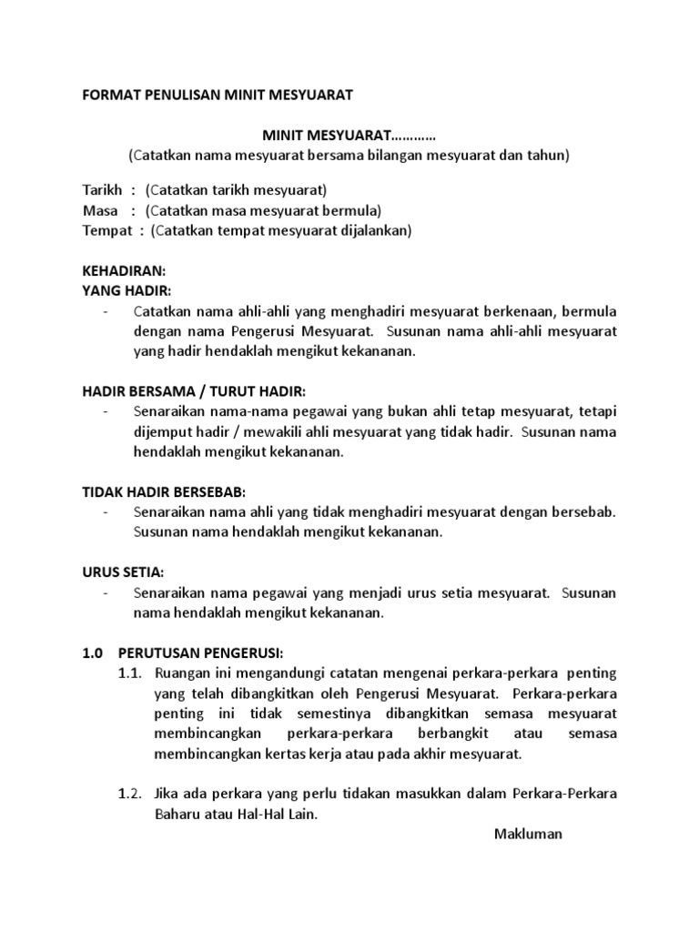 Format Penulisan Minit Mesyuarat | PDF