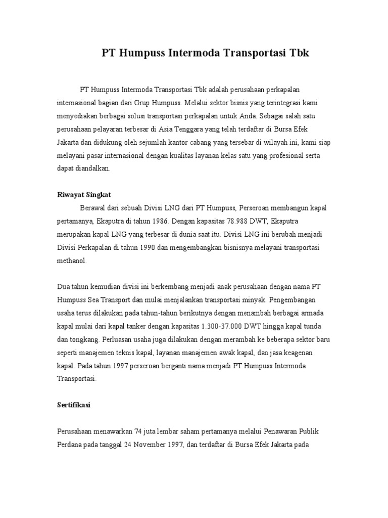 Profil PT Humpuss Intermoda Transportasi | PDF